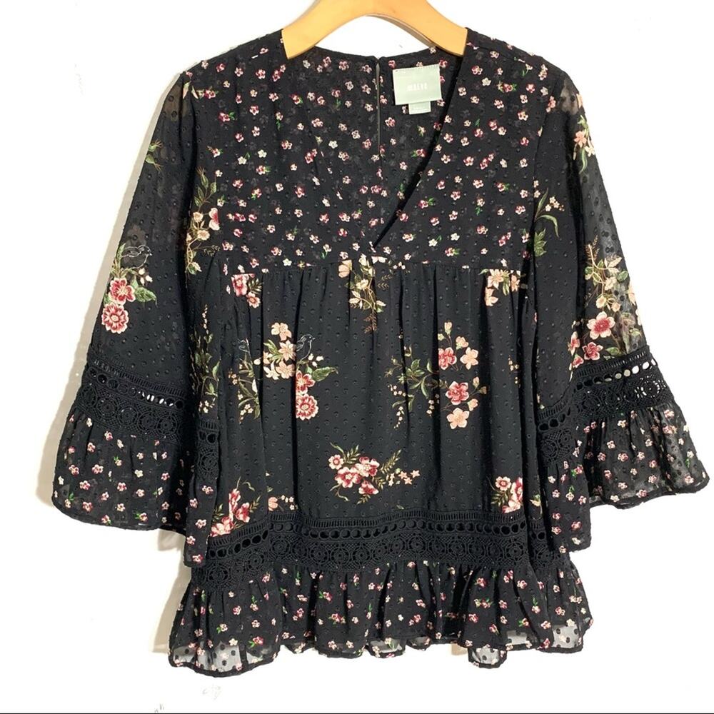 Anthropologie Maeve Steffy Floral Bohemian Babydoll Black Ruffled Blouse size S - Picture 2 of 14